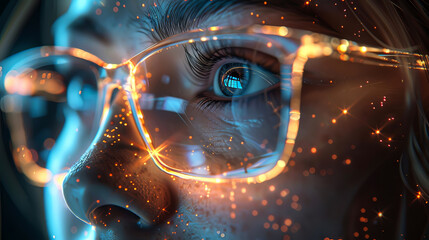 Artistic rendering of a person wearing eyeglasses with reflections of technology, epitomizing the intersection of humanity and tech
