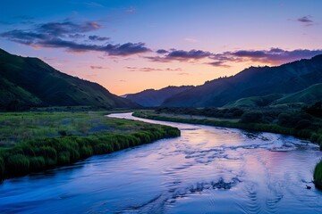 Serene river winding its way through a peaceful valley at twilight