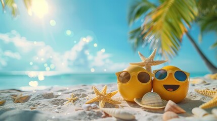 Two starfishes with sunglasses on a sunny beach, exuding a fun and joyful holiday atmosphere at the seaside