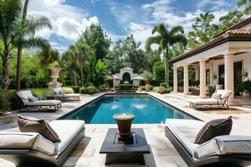 Luxurious backyard retreat with plush outdoor furnishings surrounding inviting pool waters.