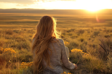 Woman in the field looking at the sunset