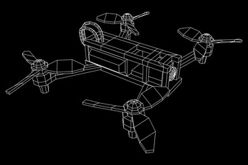 FPV Drone Racing freestyle sport flight. Hobby toys. Wireframe low poly mesh vector illustration.