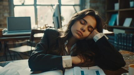 A young woman in a business suit, tired of work, fell asleep in an empty office. The social problem of overwork. - obrazy, fototapety, plakaty