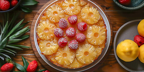 Delectable pineapple upside-down cake with raspberries