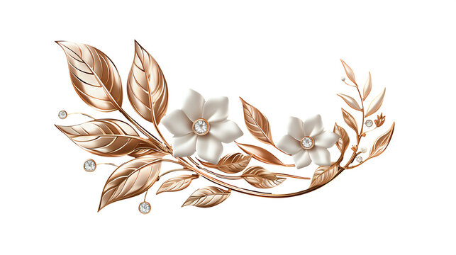 sophisticated floral motif with a jewelry design, featuring gold-tinted leaves and branches, coupled with white flowers that have diamond-like centers. This design is often used in accessories