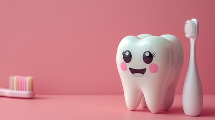 White and pink smiling cartoon tooth with a teeth brush on a pink background. Space for text. Empty space - Powered by Adobe