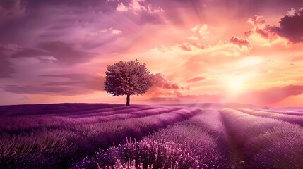 Stunning lavender field landscape Summer sunset with single tree - obrazy, fototapety, plakaty