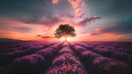 Stunning lavender field landscape Summer sunset with single tree - obrazy, fototapety, plakaty