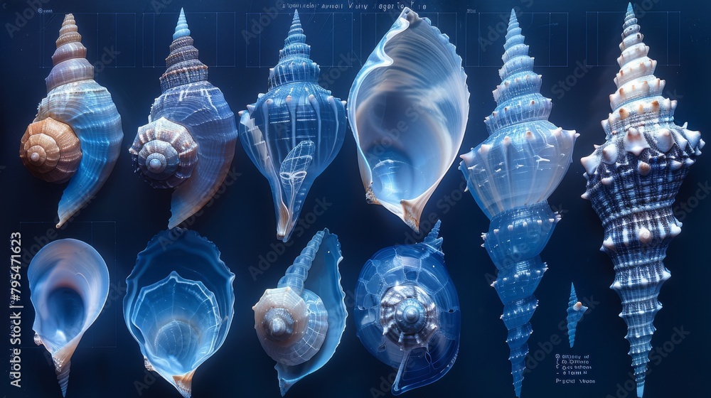 Poster x-ray scan of a collection of seashells, showcasing the variety of shapes and colors.