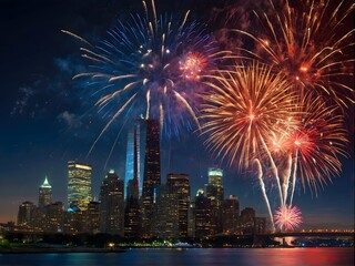 Fototapeta premium A patriotic atmosphere with fireworks and US flag in front of city skyline