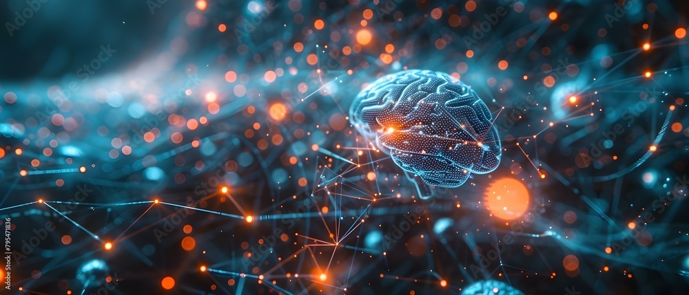Poster connecting to the global network: a futuristic image of brain chip implant. concept cybernetic techn