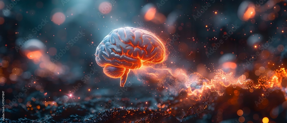 Poster realistic image of glowing brain implant connections symbolizing future braincomputer interfaces. co