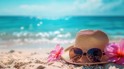 Sunbathing scene with a straw hat and sunglasses rested on the sand, surrounded by tropical flowers and a shimmering blue ocean