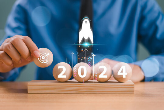 2024 new year opportunity, business&nbsp;start-up target, goal action plan for success&nbsp;growth, market trend 2023-2024. Increase strategy concept. Achieve goal sale marketing, soar rocket toward wealth