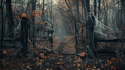An abandoned, cobweb-covered gate leading into a haunted forest, with creepy pumpkins guiding the path through the thicket of dead trees. - 795472218