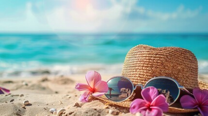 Straw hat accessorized with vibrant flowers and sunglasses, capturing leisure and ocean's serenity on a sandy beach under the clear blue sky