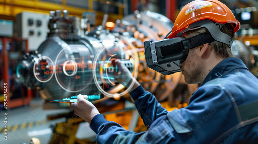 Poster technician with vr headset interacts with virtual interface