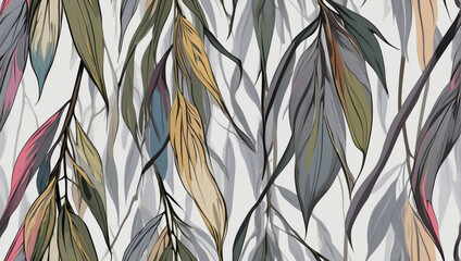 Serene Elegance, Seamless Pattern Featuring Multicolored Weeping Willow Leaves on a Soft Grey Background.