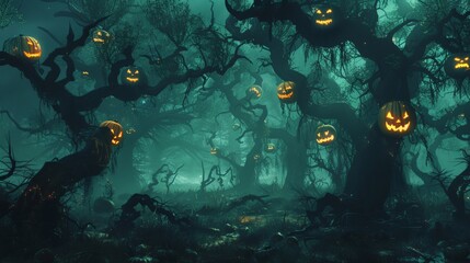 An eerie clearing in a haunted forest, where an array of pumpkins with malevolent grins illuminate the gnarled branches of lifeless trees. - 795473844