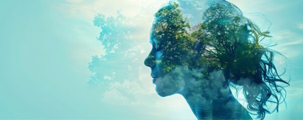 Abstract conceptual Woman's profile filled with a seascape scene. World Oceans Day. World Environment Day. International Mother Earth Day. concept portraiture, double exposure, banner, place for text 
