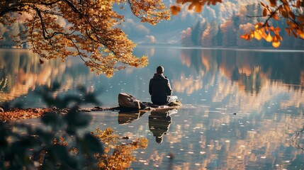 reflection of man sitting at lake in autumn