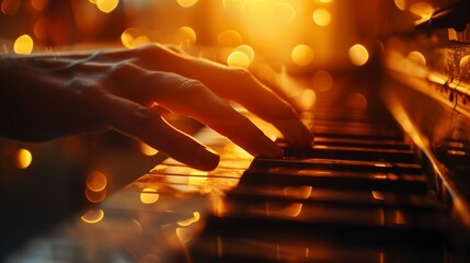 pianist's hands playing the piano in golden light