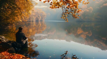 reflection of man sitting at lake in autumn