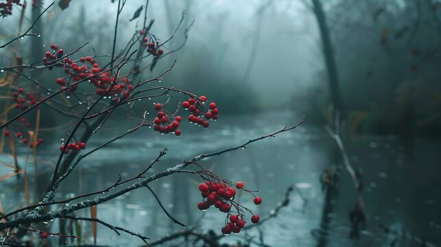 red rowan berries in the wet forest