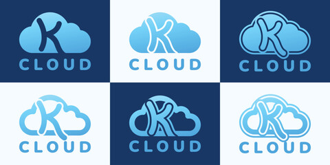 Set of letter K blue cloud logo. This logo combines letters and cloud shapes. Suitable for internet companies, apps, digital storage and the like.