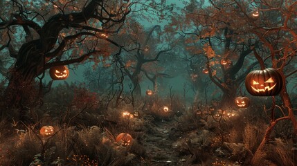 An eerie clearing in a haunted forest, where an array of pumpkins with malevolent grins illuminate the gnarled branches of lifeless trees. - 795474464