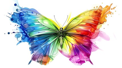 Rainbow-colored artistic butterfly isolated on a white background