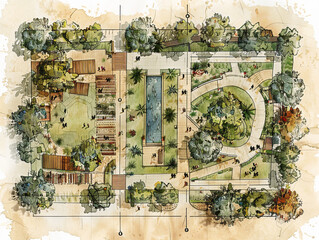An old sketch-style landscape plan for an urban park featuring two main entrances leading into distinct squares from different points. The park is designed on a rectangular plot surrounded by lush pla