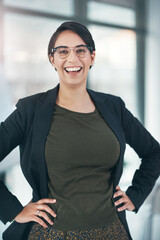 Business woman, laughing and portrait in office with career confidence, startup and about us in...