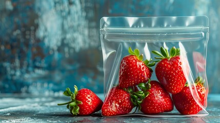 Fresh strawberries in a zip bag on a blue cold background.