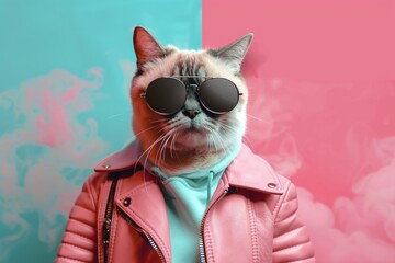 Stylish cat with sunglasses and pink jacket against a split blue and pink background.
