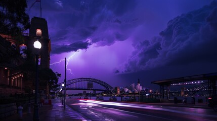 Obraz premium An iconic city landmark, momentarily highlighted by the intense purple flash of lightning, a contrast of permanence and the ephemeral.
