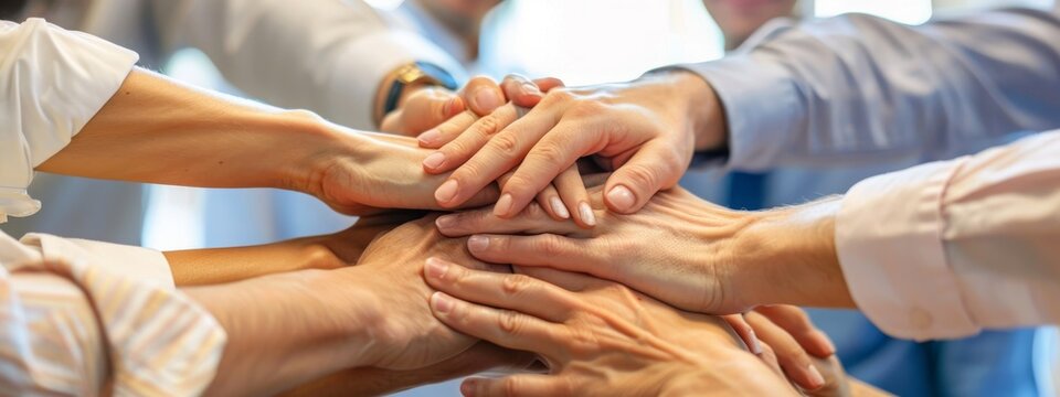 Close-up of a diverse team stacking hands in a show of unity and teamwork, symbolizing collaboration and partnership in a corporate setting