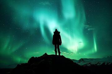 Fototapeta premium silhouette of a person in looking at Aurora Borealis in Iceland 