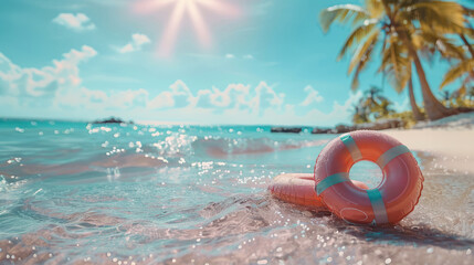 Obraz premium Clear skies and radiant sunlight above a lifebuoy lying on the sand of a vibrant tropical beach