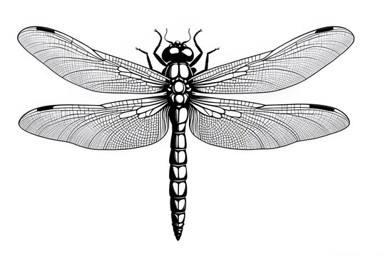 A black and white drawing of a dragonfly