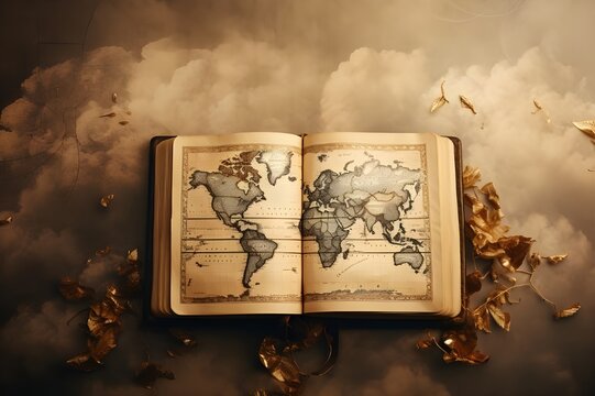 Map of the world map in the book. concept of religion. union of nations