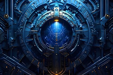 Fototapeta premium A blue and silver space with a large circular opening