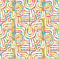 An illuminated journey through the cityscape with this abstract seamless pattern. Neon colored shapes glow brightly, resembling a futuristic maze or pipeline, adding a dynamic touch to your designs.