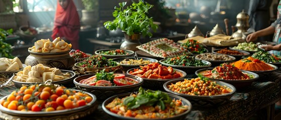 Fototapeta premium Ramadan Fast-Breaking: A Timelapse Animation of Food Being Served. Concept Timelapse Animation, Ramadan Fast-Breaking, Food Serving, Cultural Tradition