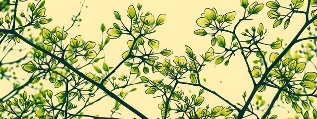 Obraz premium A panoramic view of early spring branches with fresh buds and tender green leaves, symbolizing new beginnings and growth.