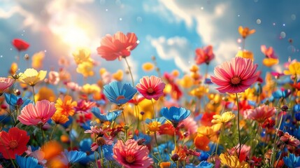 Obraz na płótnie Canvas Colorful Cosmos Flowers with Sunlit Bokeh