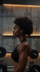 A beautiful young Afro woman in great shape and conditioning at a modern gym