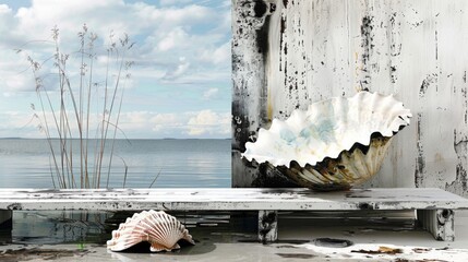 Serene Seaside Scene with Shells On Weathered Wooden Table and Tranquil Ocean Background. - 795477267