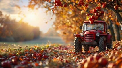 Vintage Tractor Amongst Apple Orchard at Sunset.