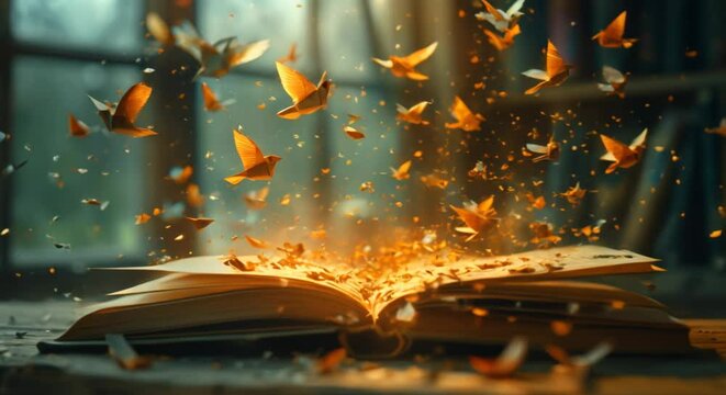 Origami birds flying out of a book, creativity concept, blurred room background